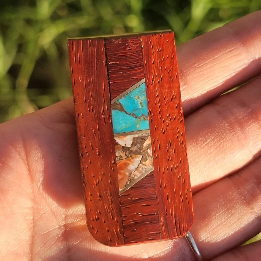 Handmade Southwestern copper turquoise, copper spiny oyster, rosewood money clip